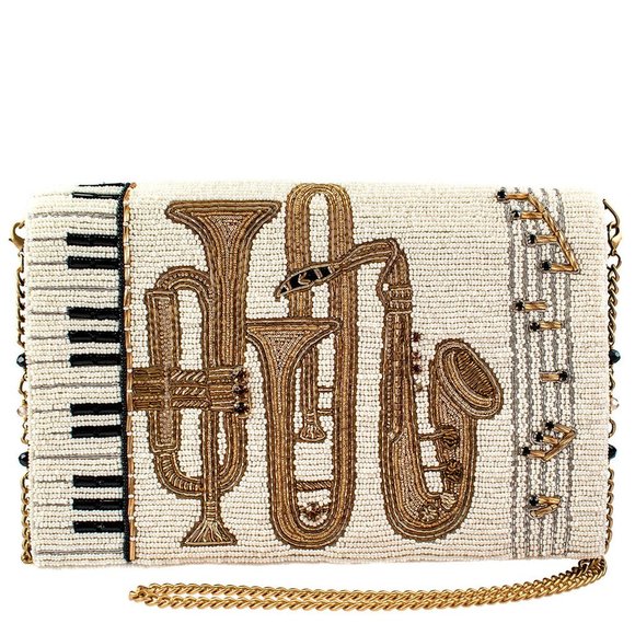 Mary Frances Play for Me Beaded Crossbody Clutch Music Instruments Handbag Ivory - Picture 1 of 6